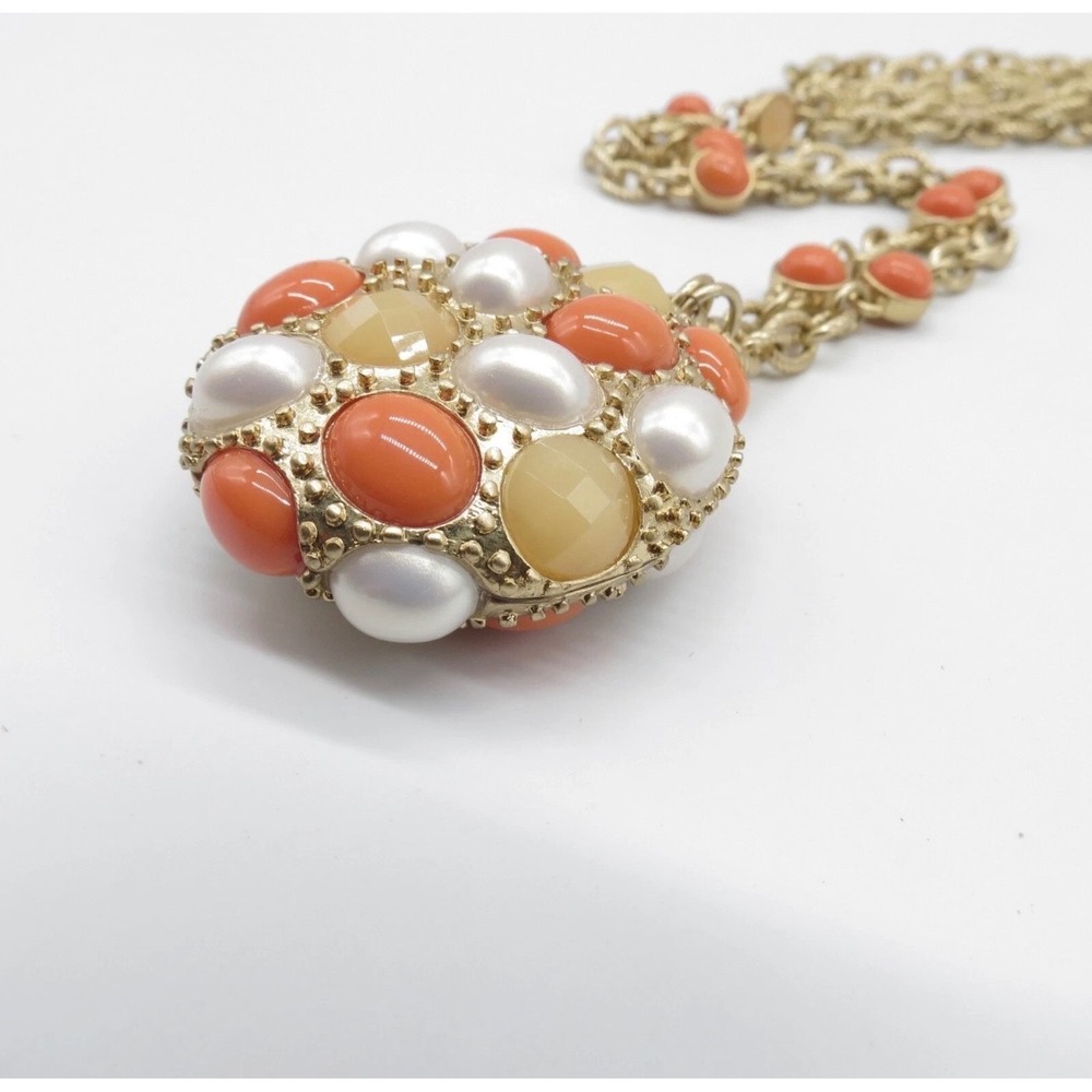 Lia Sophia Orange Yellow Faux Pearl Gold Tone Orb Pendant Long Necklace 36"